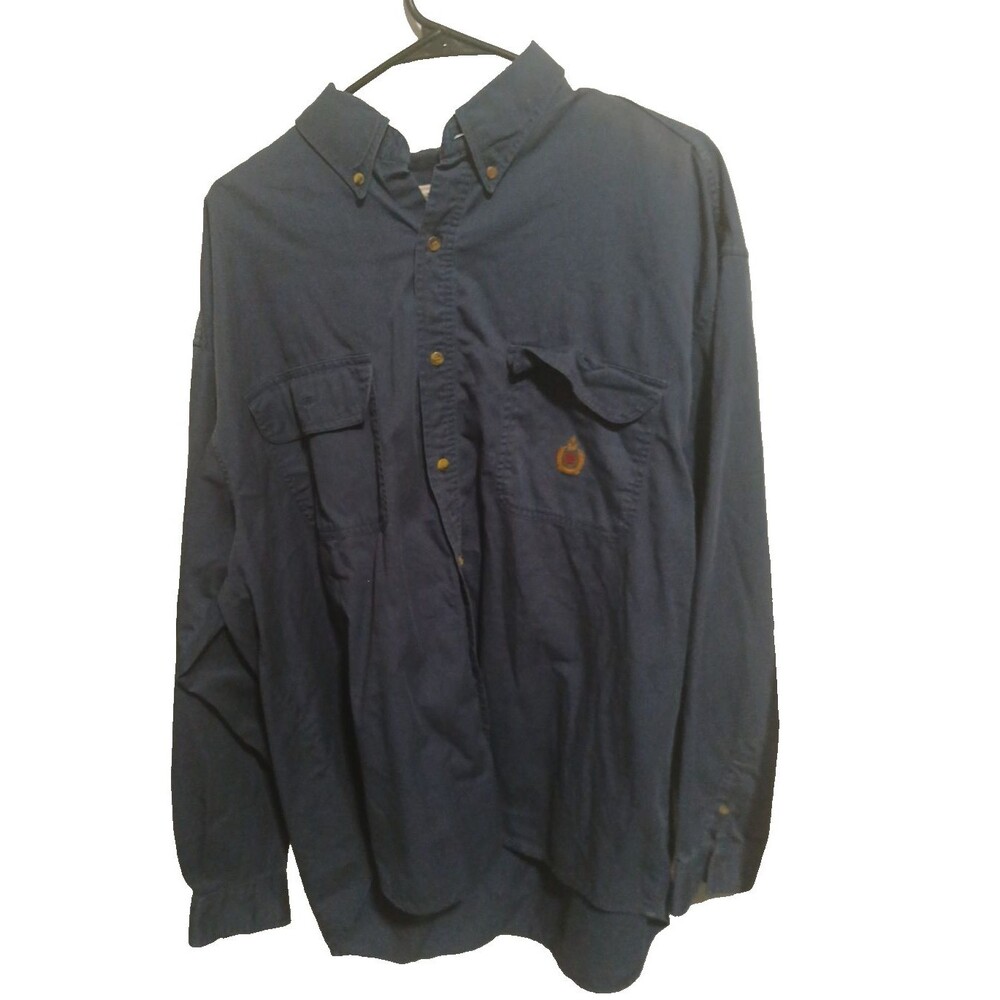 Vintage 80s Bugle Boy Company Navy Blue Button Down Shirt Mens XXL Crest Logo